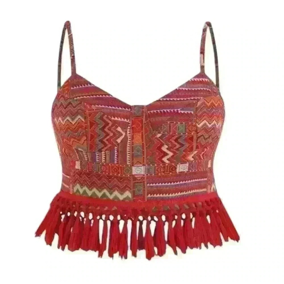 Aztec Cider Tank top w knotted fringe base zip back M red base BOHO - Picture 1 of 7